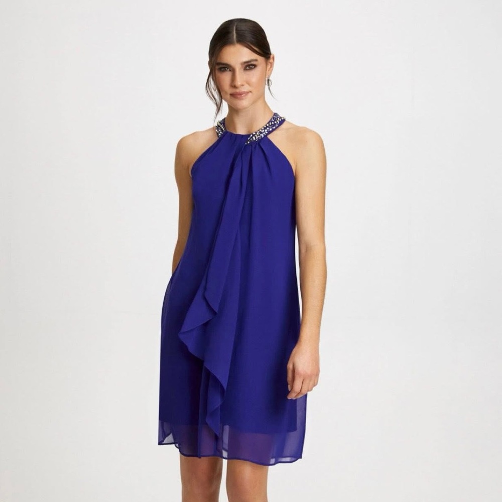 Laura Petites beaded neck chiffon royal blue dress - 16P - MOB / MOG / wedding